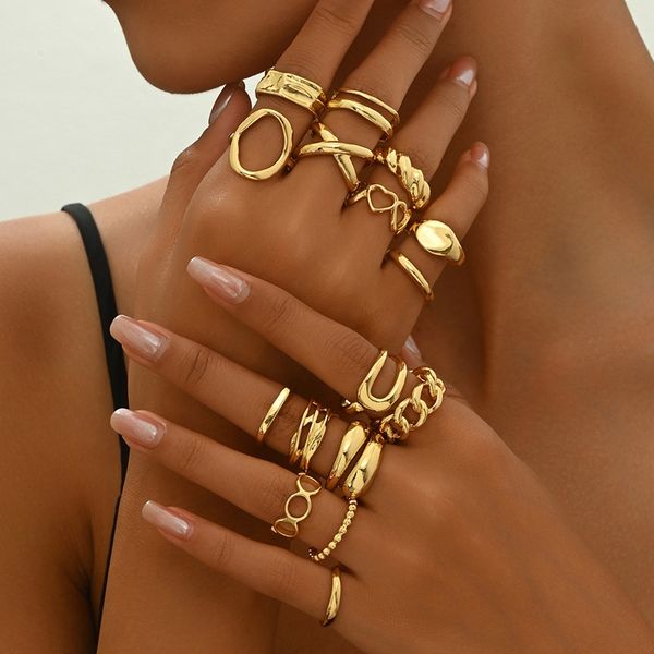 16 Pieces Thick Gold Stackable Rings for Women, Non-Tarnish, Open Stacking Rings, Knuckle Ring Set, Unique Niche - Designed Ring Set, Versatile