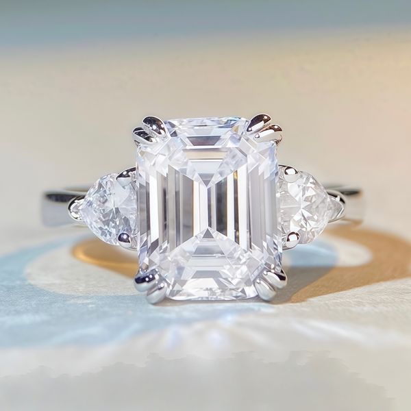 10CT 10x14 Geometric Irregular Sugar Tower Cut High Carbon Diamond Birthday Anniversary Engagement Wedding Ring for Women S925 Sterling Silver Plated 18k Golden